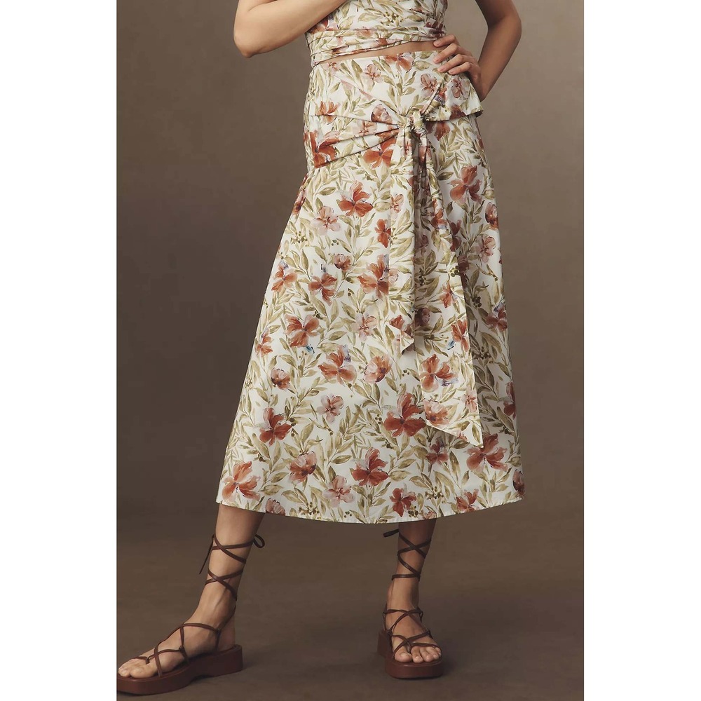 En Saison Alexane Bow Midi Skirt Floral Cream Terracotta Sage Sml NWT Watercolor